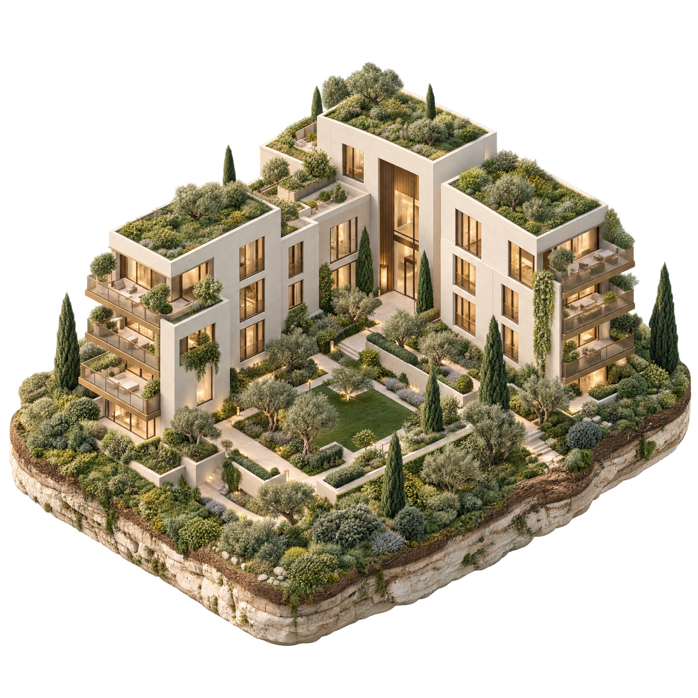 Symbolisches Templar-Markenmotiv: Architekturensemble mit begrüntem Innenhof auf einer schwebenden Garteninsel